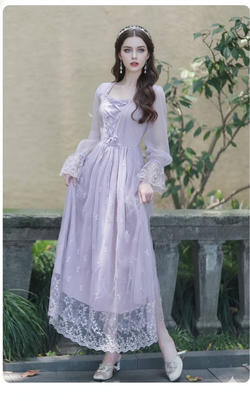 Lovely Lavendar Countryside Dresse Embroidered Lace Square Collar French Romantic Fairy Dresses Flared Sleeve Sweet Vestido midi