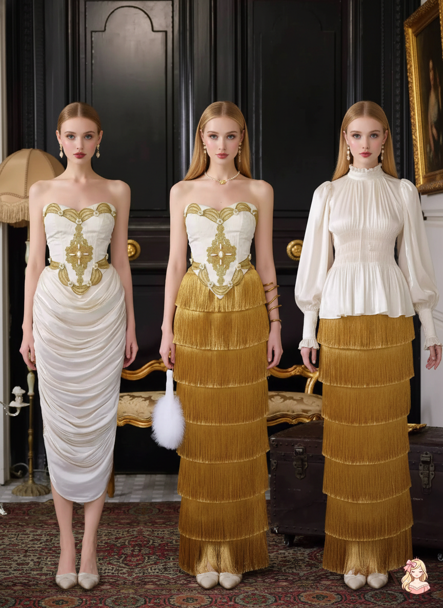 The Palace Gold Corset Gown | Strapless Tassel Layered Dress | French Theatre Performance Maxi | Parisian Princess