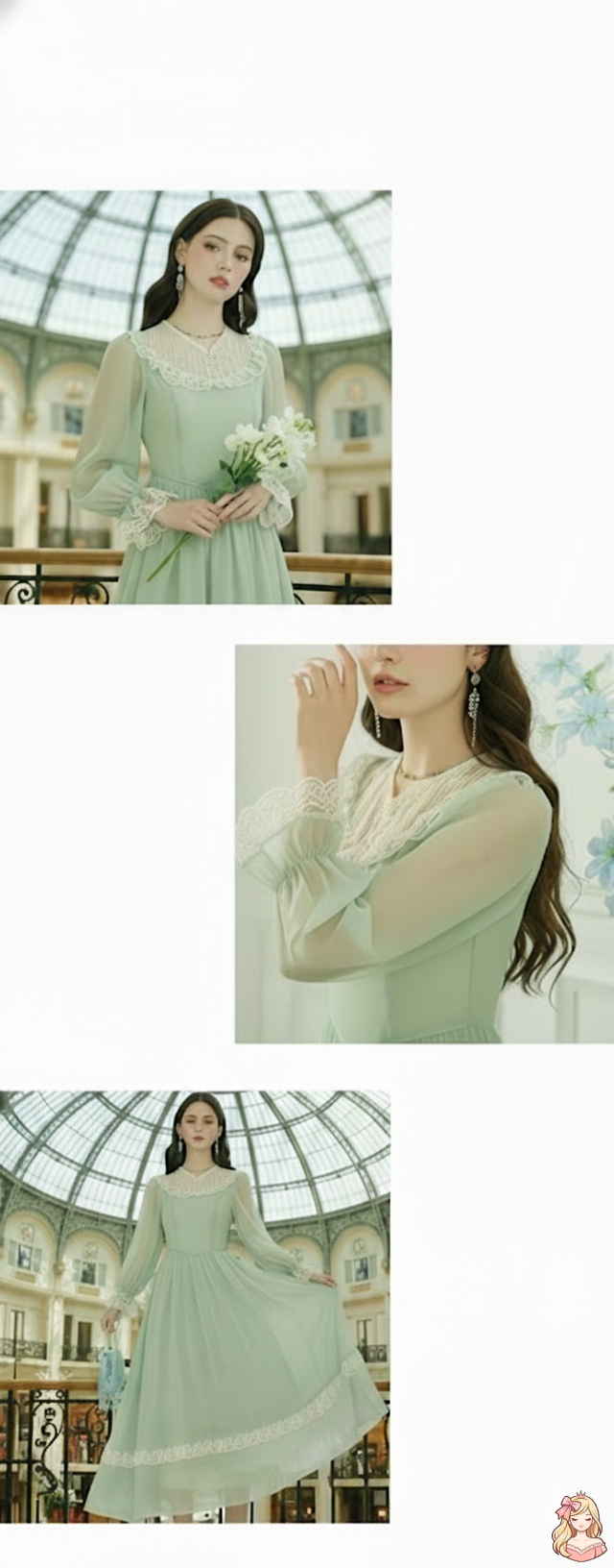 The Tuileries Green Fairy Dress | V-Neck Lace Flare Sleeve Midi | French Retro Empire Gown | Parisian Princess