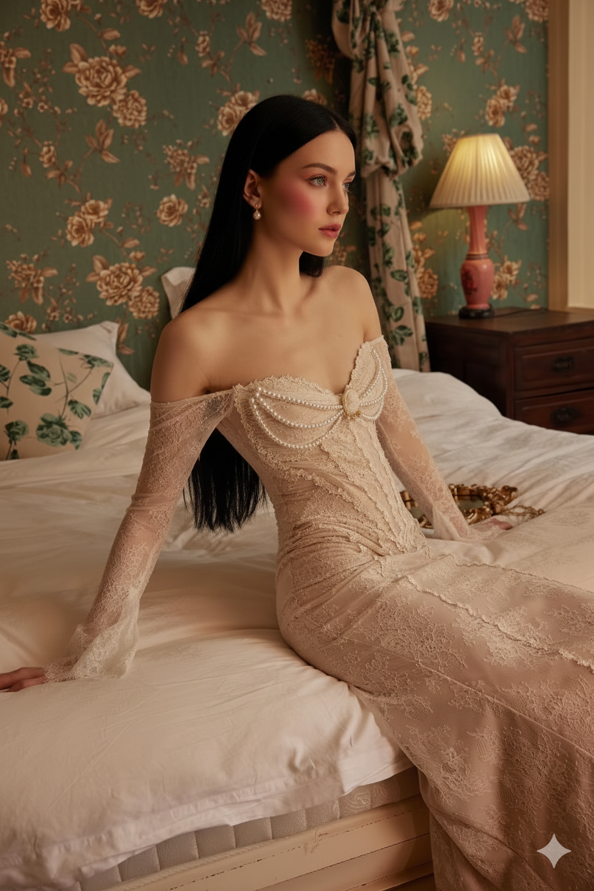 Parisian Romantic Winter Evening Gown Lace Dress Women Vintage Elegant Slim Sexy Birthday Wedding Party Strapless Dress