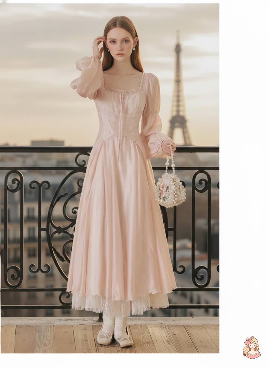 The Frosty Pink Chiffon Dress | Square Neck Lace Puff Sleeve Midi | Sweet Princess Gown | Parisian Princess