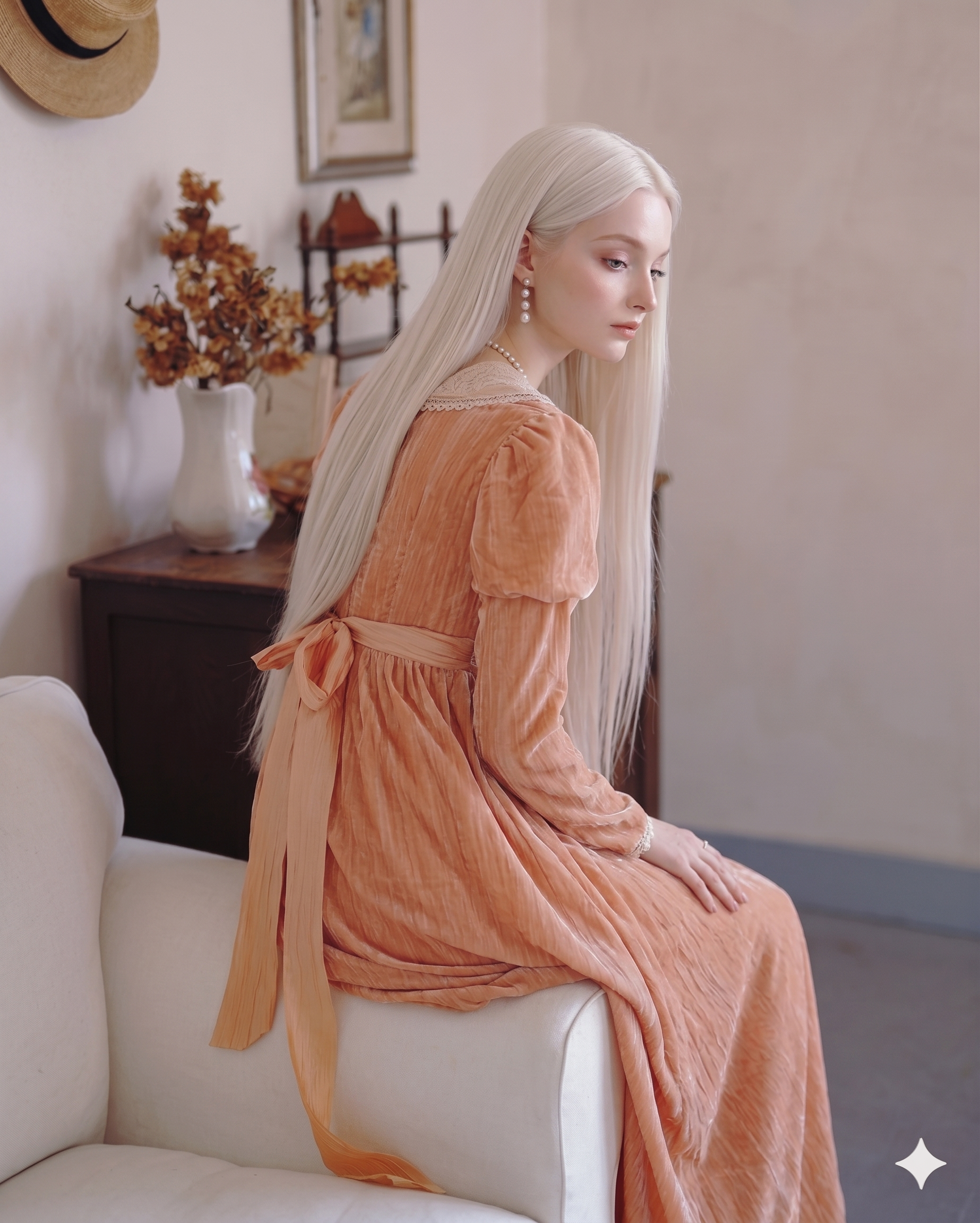 Woman in an orange dress sitting on a white couch in a cozy room.