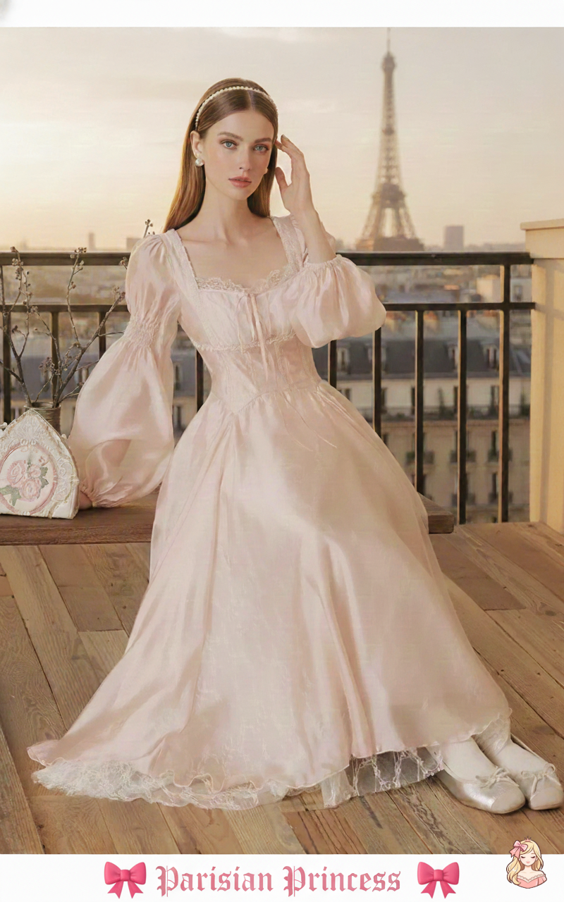 The Frosty Pink Chiffon Dress | Square Neck Lace Puff Sleeve Midi | Sweet Princess Gown | Parisian Princess