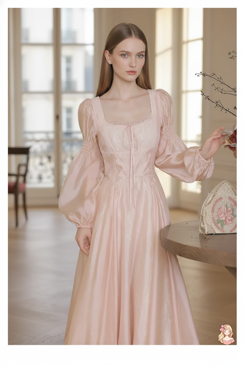 The Frosty Pink Chiffon Dress | Square Neck Lace Puff Sleeve Midi | Sweet Princess Gown | Parisian Princess