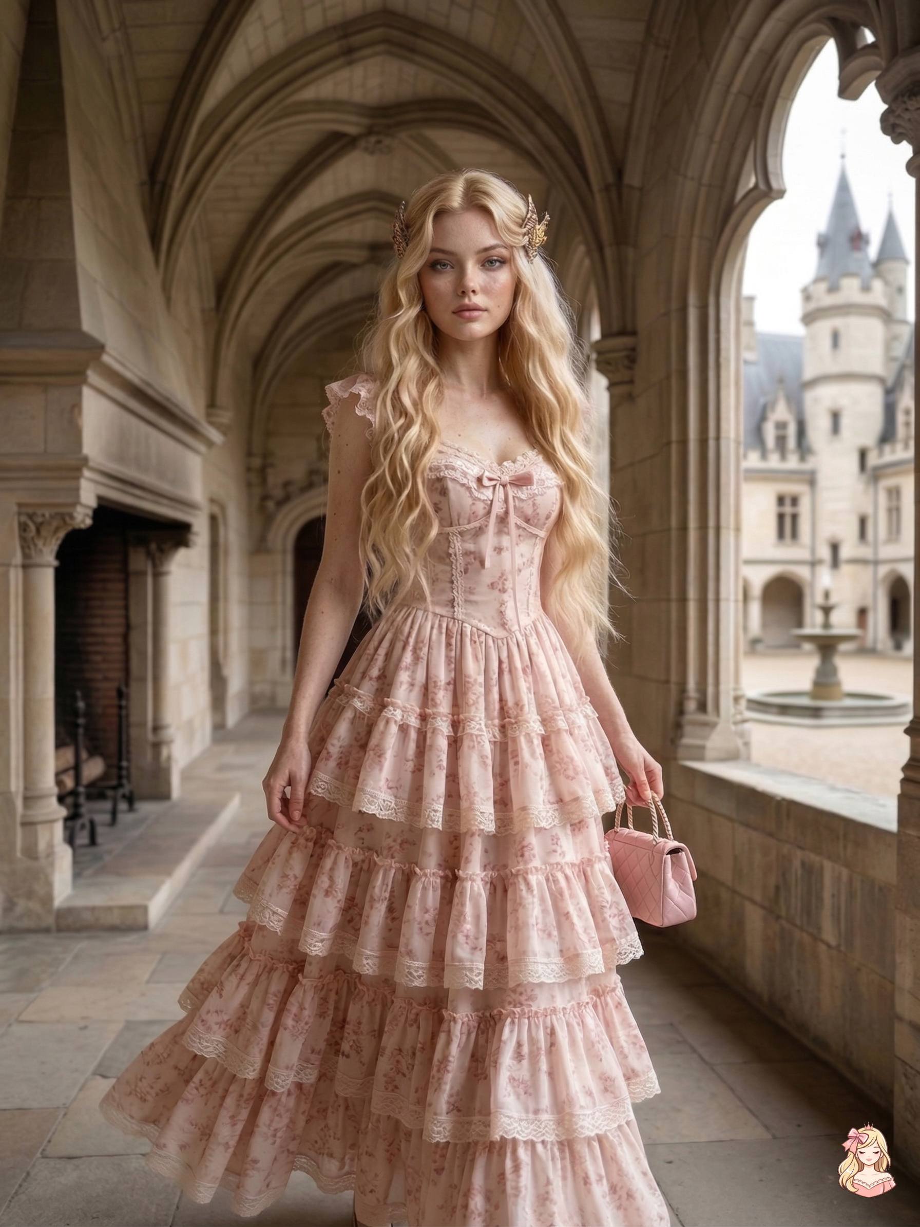 Woman in a pink dress standing in an elegant architectural setting