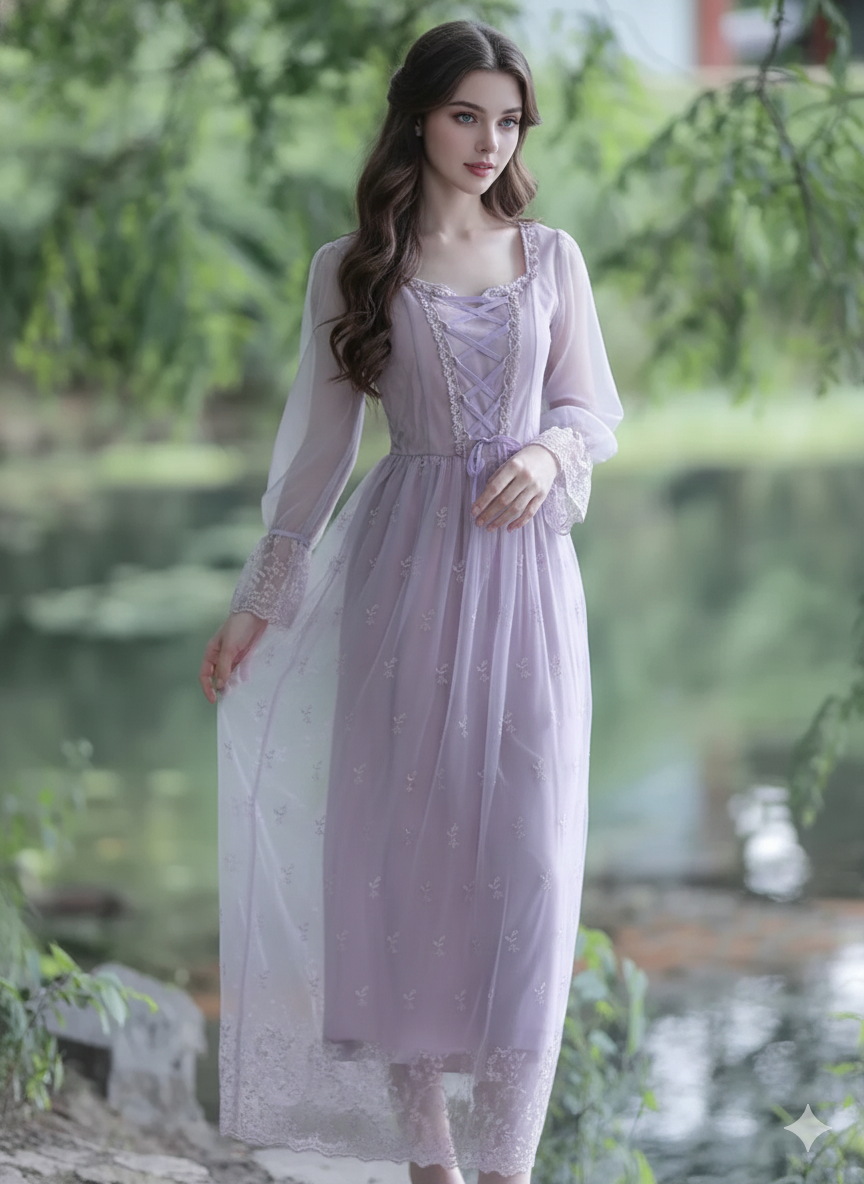 Lovely Lavendar Countryside Dresse Embroidered Lace Square Collar French Romantic Fairy Dresses Flared Sleeve Sweet Vestido midi
