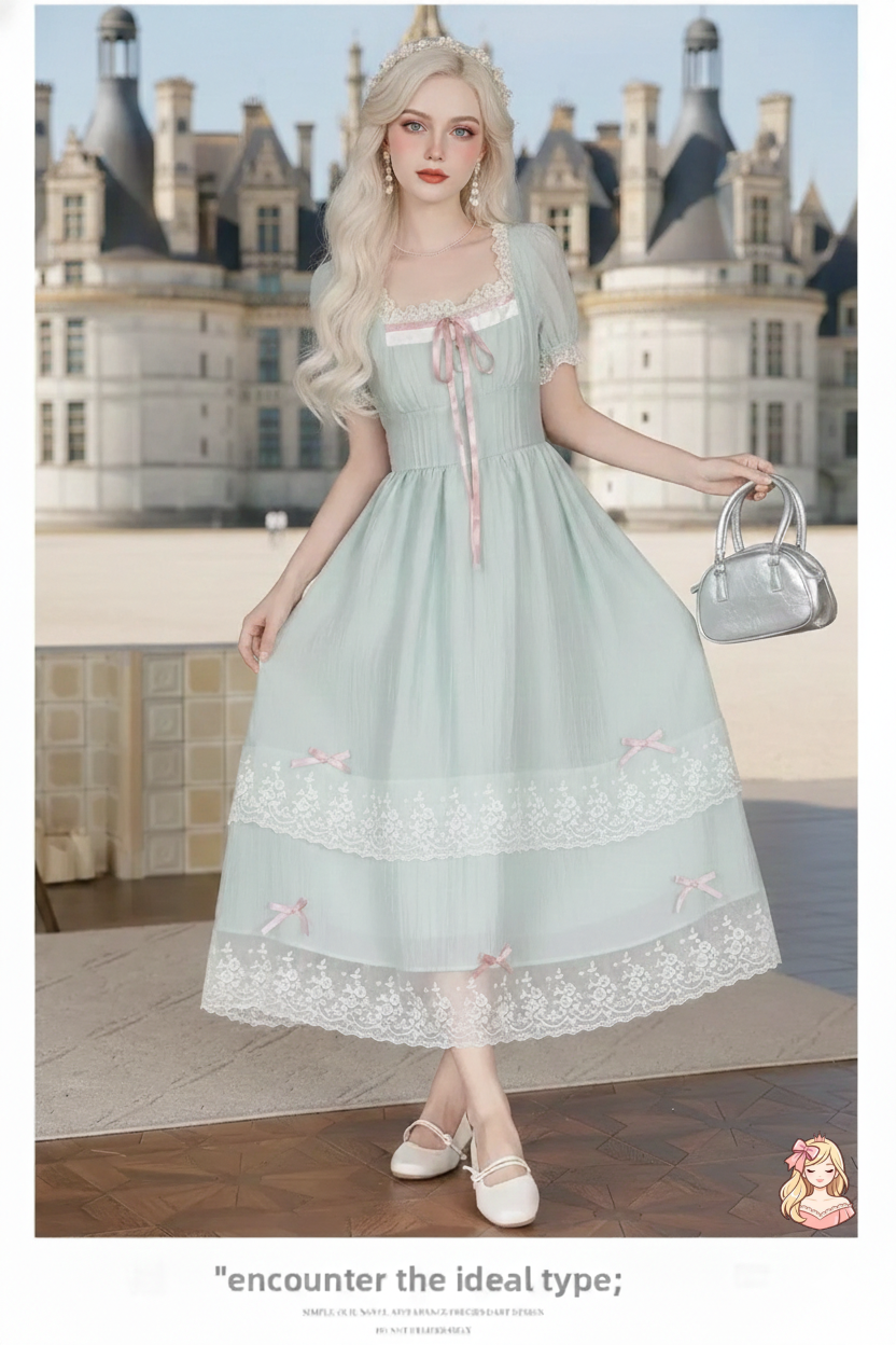The Chambord Fairy Gown | Green Bow Lace Square Neck Dress | French Mori Girl Summer Dress | Parisian Princess