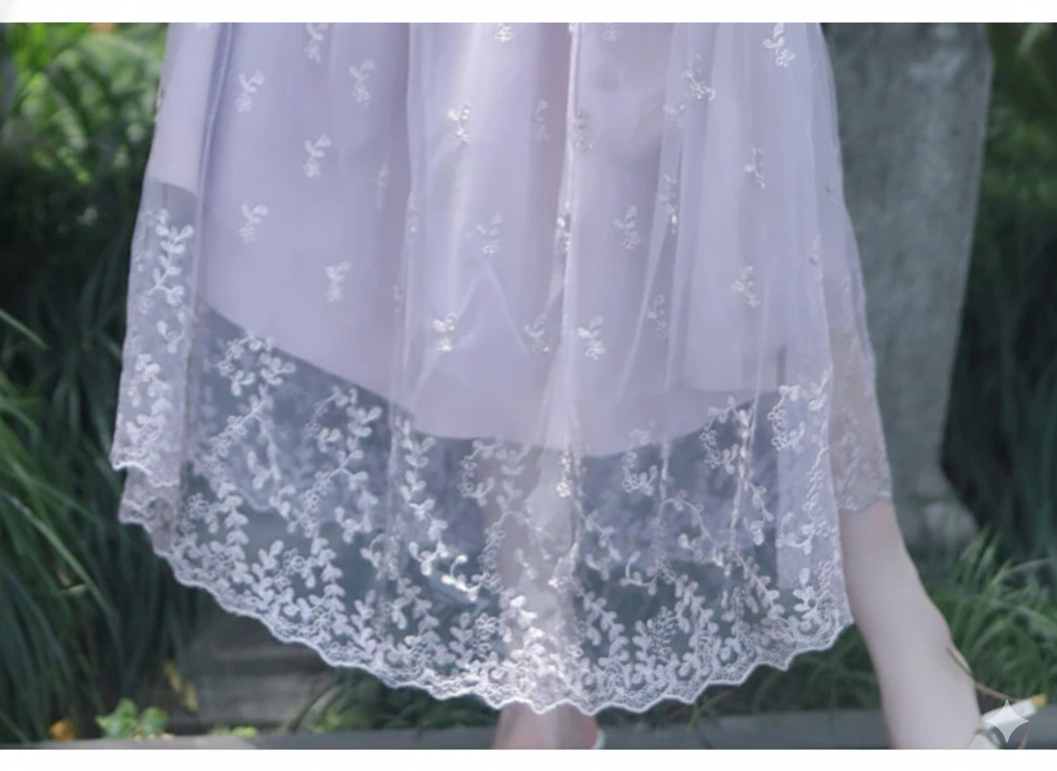 Lovely Lavendar Countryside Dresse Embroidered Lace Square Collar French Romantic Fairy Dresses Flared Sleeve Sweet Vestido midi