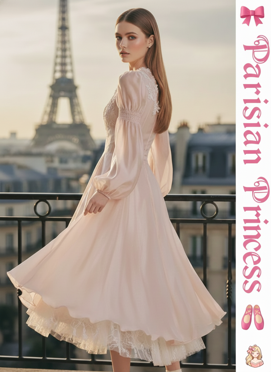 The Frosty Pink Chiffon Dress | Square Neck Lace Puff Sleeve Midi | Sweet Princess Gown | Parisian Princess