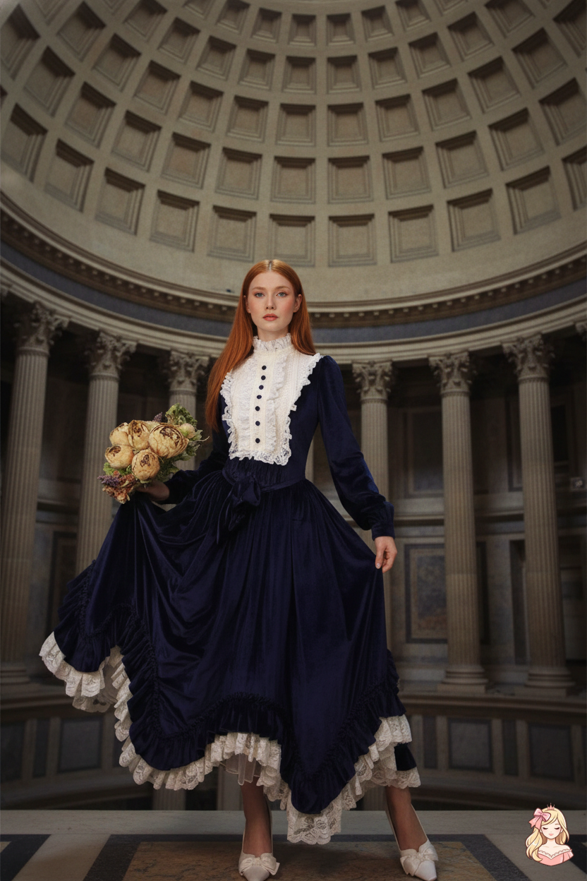 The French Court Velvet Gown | Lace Stitching Long Sleeve Maxi | Parisian Retro Lolita Dress | Parisian Princess
