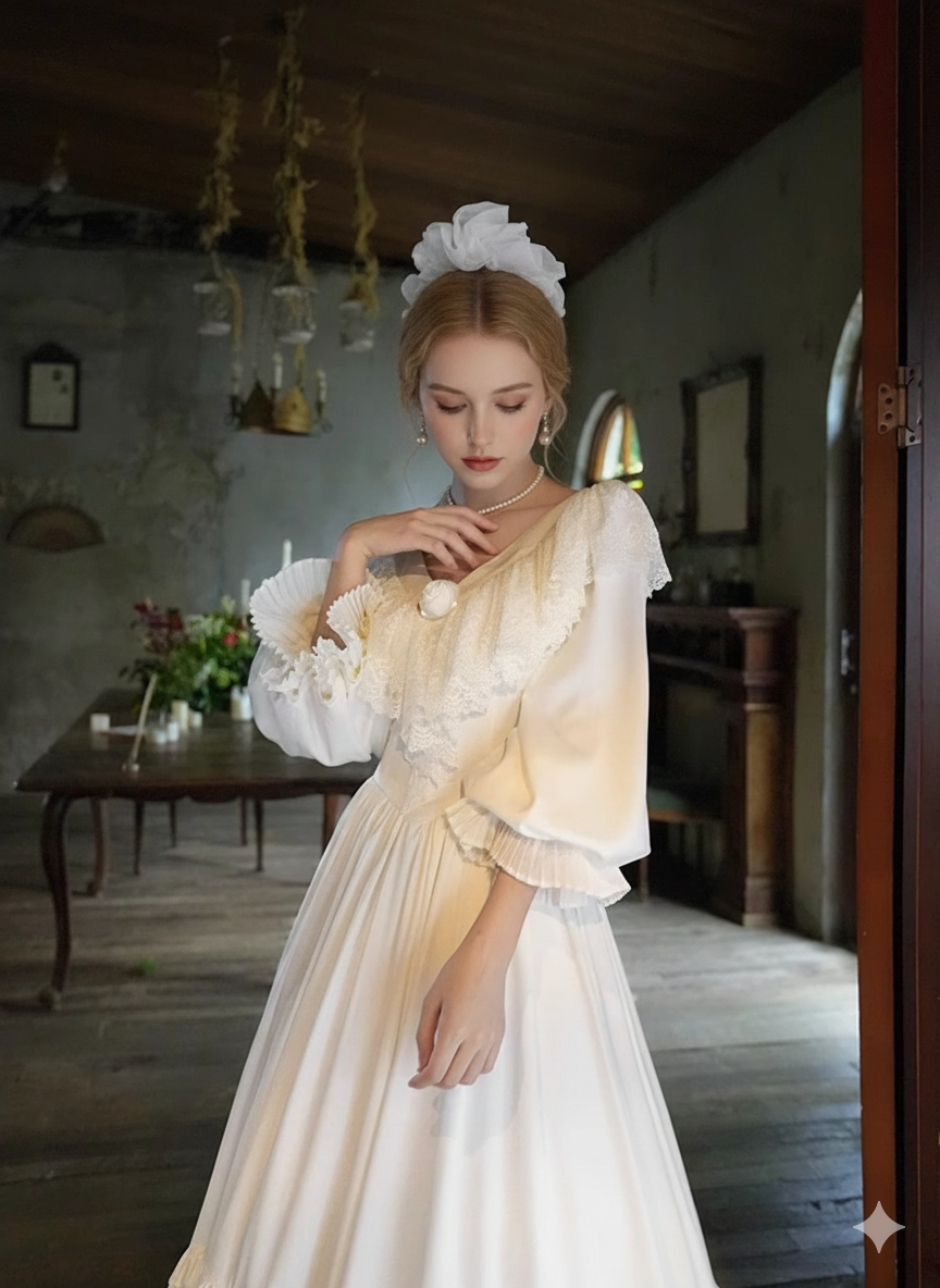 Parisian Satin Lace Dress Lantern Sleeve Long Maxi Ladies S-XL Vintage High Waist 2025 New V Neck White