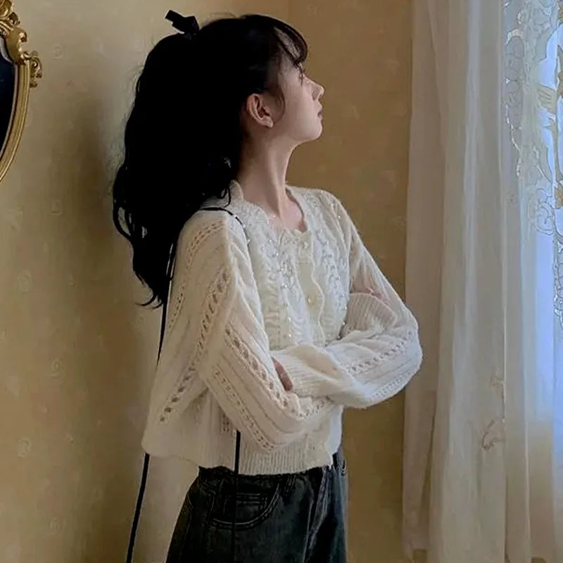 The Louvre Hollow-Out Cardigan | French White Tatting Lace Sweater | Slim Fit O-Neck Leisure Knit | Parisian Princess
