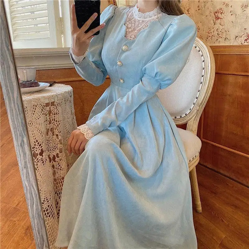 Elegant Woman Blue Dress Vintage French Style Puff Sleeve Half High Collar Patchwork Lace Retro Princess Dresses Vestido Festa