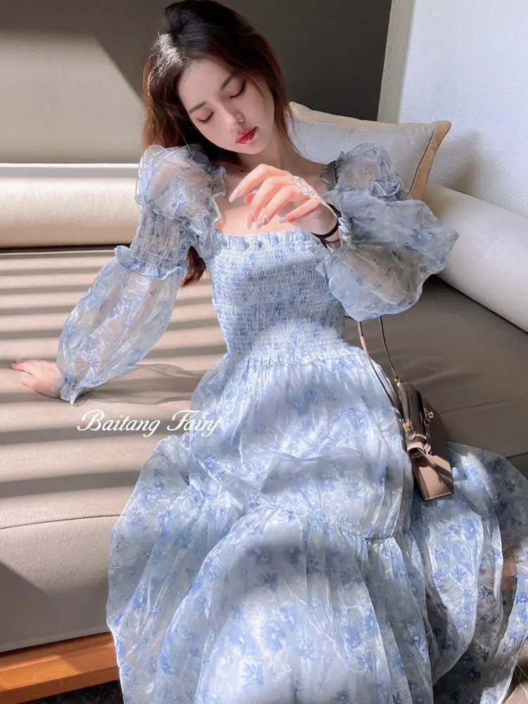 The Amelie Mesh Puff Sleeve Midi | Square Collar Patchwork Dress | Sweet Parisian A-Line | Parisian Princess
