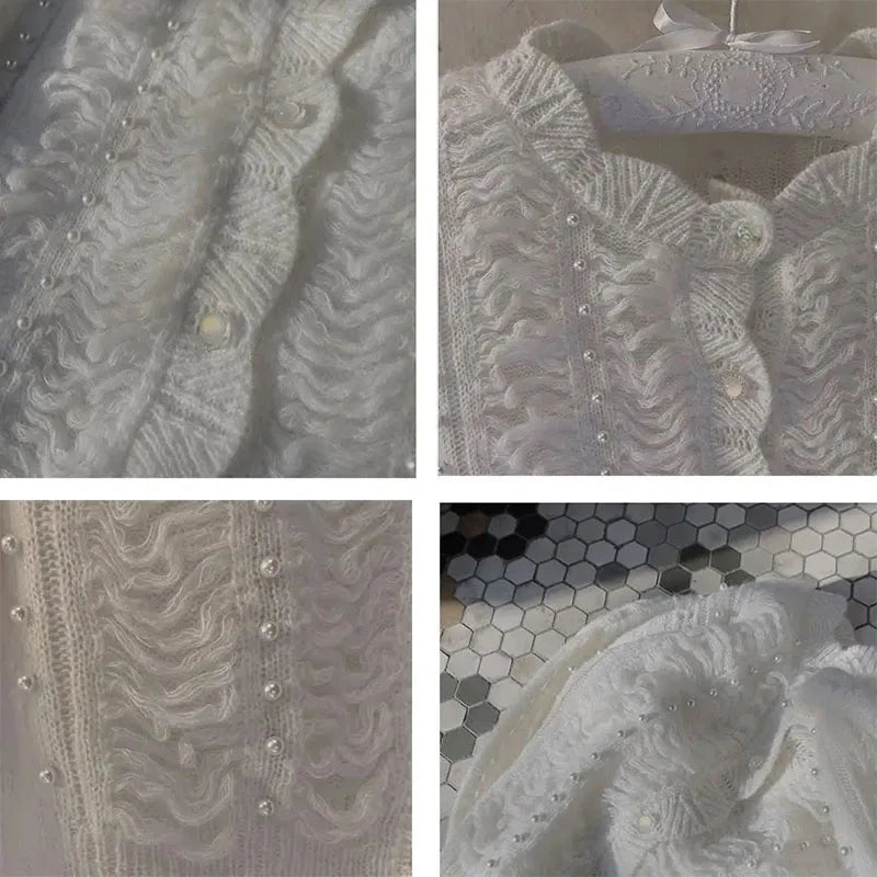 The Louvre Hollow-Out Cardigan | French White Tatting Lace Sweater | Slim Fit O-Neck Leisure Knit | Parisian Princess