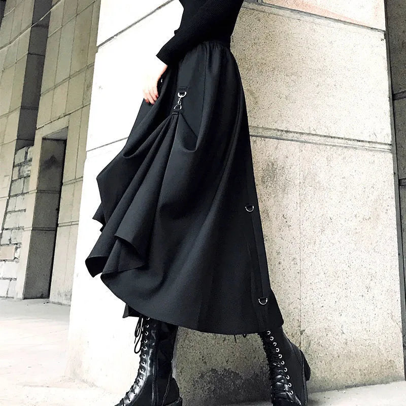 The Gothica Architectural Skirt | Plus Size Irregular Gothic Pleated Midi | French Buckle High Waist Skirt | Parisian Princess