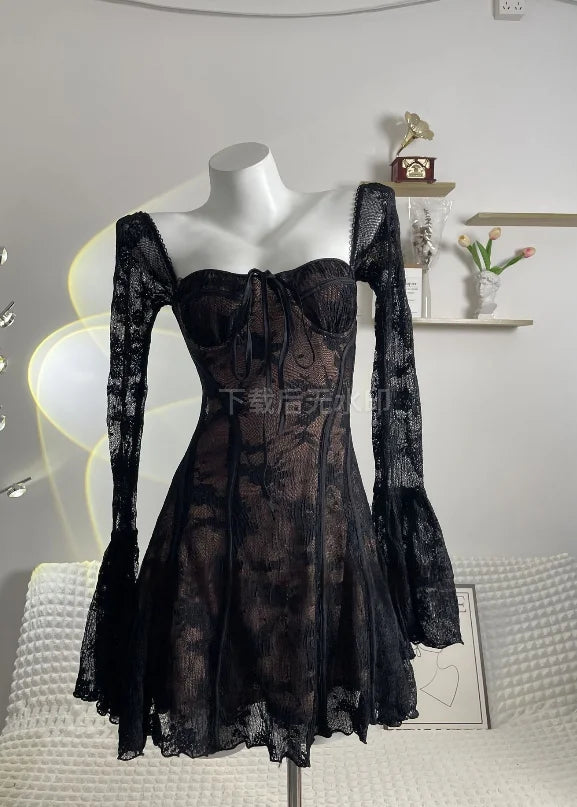 The Éclat Lace Mini Gown | French Square Neck Flared Sleeve Dress | Breathable Mesh A-Line Gown | Parisian Princess