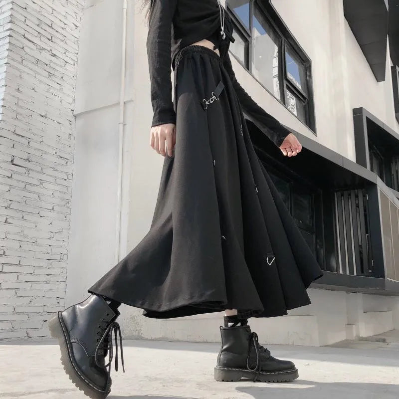 The Gothica Architectural Skirt | Plus Size Irregular Gothic Pleated Midi | French Buckle High Waist Skirt | Parisian Princess