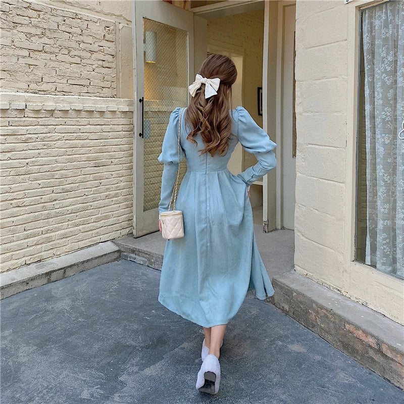 Elegant Woman Blue Dress Vintage French Style Puff Sleeve Half High Collar Patchwork Lace Retro Princess Dresses Vestido Festa