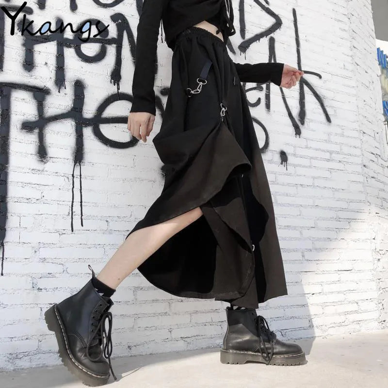 The Gothica Architectural Skirt | Plus Size Irregular Gothic Pleated Midi | French Buckle High Waist Skirt | Parisian Princess