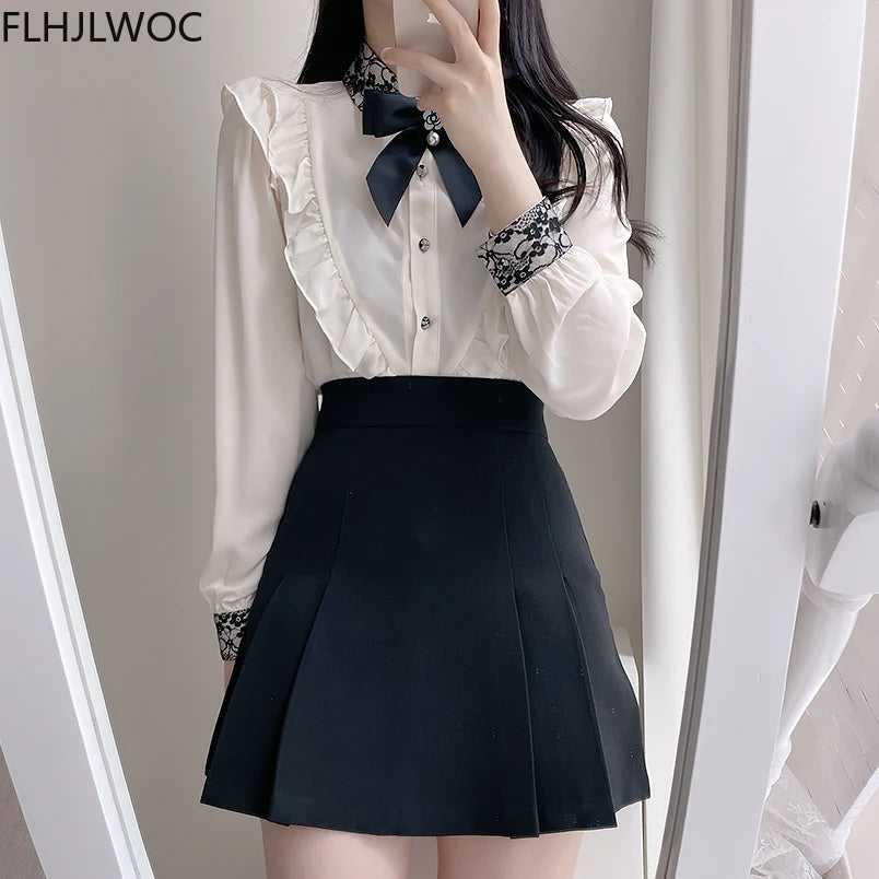 The Parisian Ribbon Bow Blouse | Vintage Preppy Chiffon Shirt | Ruffled Long Sleeve Button-Up | Parisian Princess