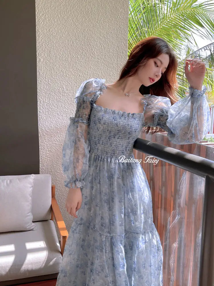 The Amelie Mesh Puff Sleeve Midi | Square Collar Patchwork Dress | Sweet Parisian A-Line | Parisian Princess