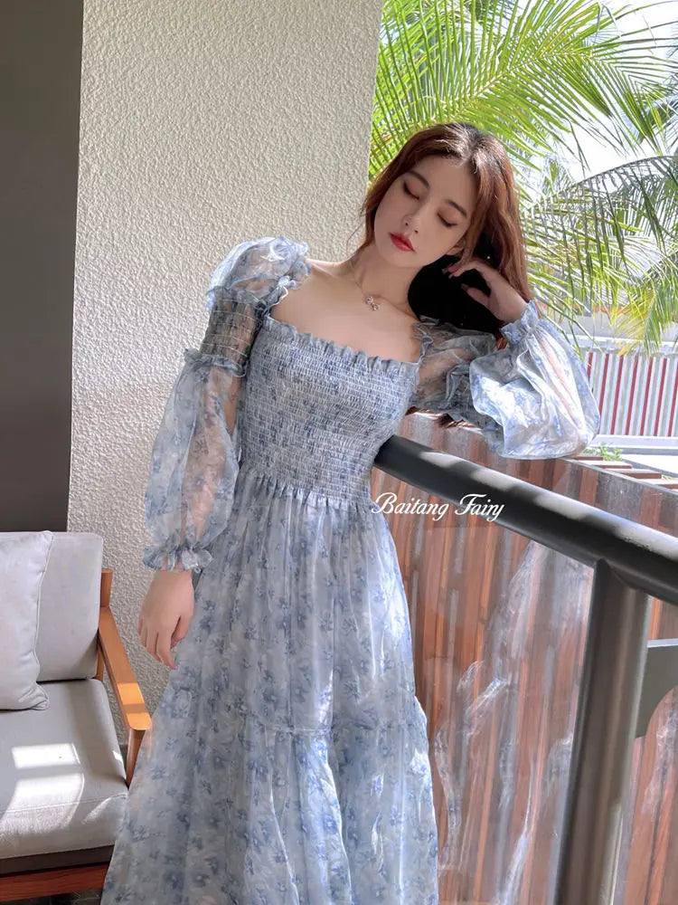 The Amelie Mesh Puff Sleeve Midi | Square Collar Patchwork Dress | Sweet Parisian A-Line | Parisian Princess