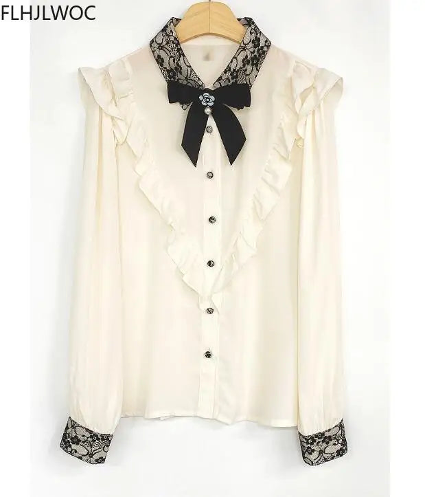 The Parisian Ribbon Bow Blouse | Vintage Preppy Chiffon Shirt | Ruffled Long Sleeve Button-Up | Parisian Princess