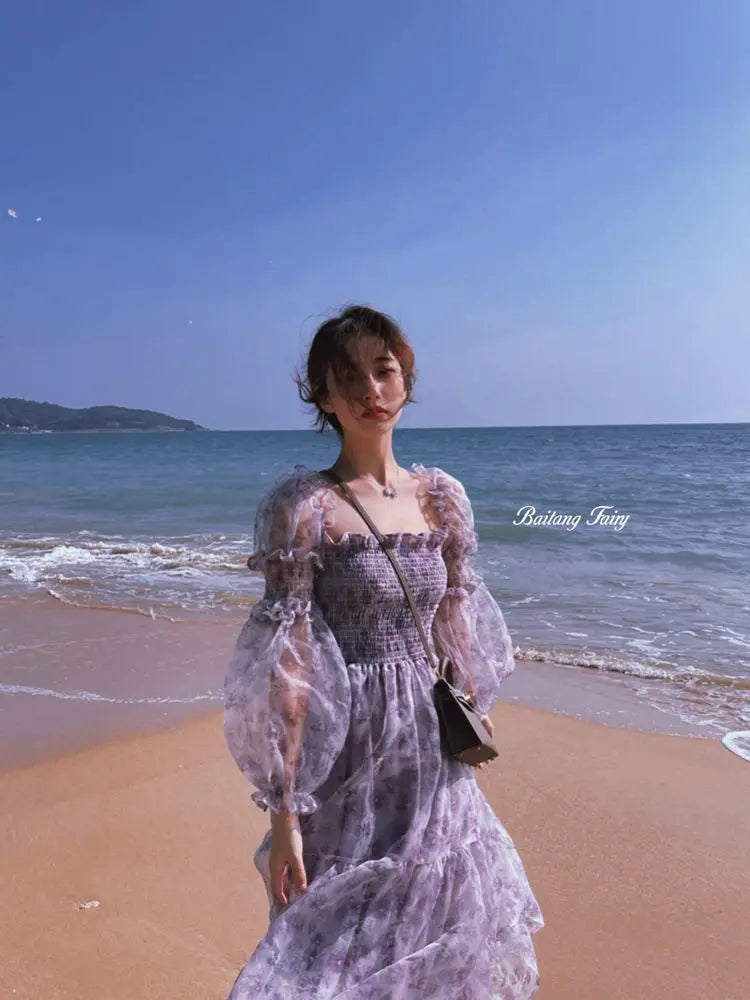 The Amelie Mesh Puff Sleeve Midi | Square Collar Patchwork Dress | Sweet Parisian A-Line | Parisian Princess