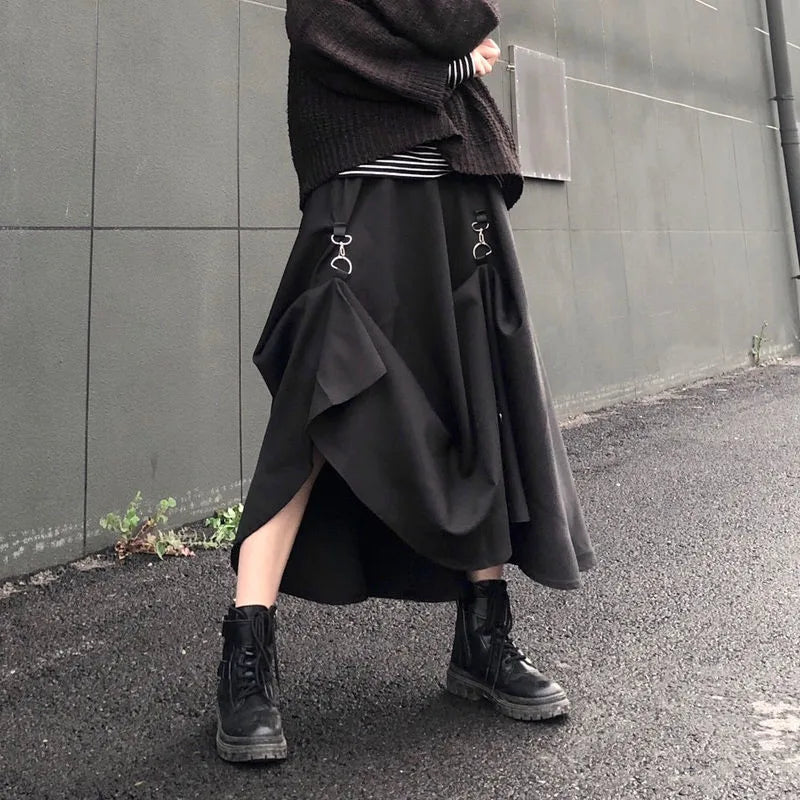 The Gothica Architectural Skirt | Plus Size Irregular Gothic Pleated Midi | French Buckle High Waist Skirt | Parisian Princess
