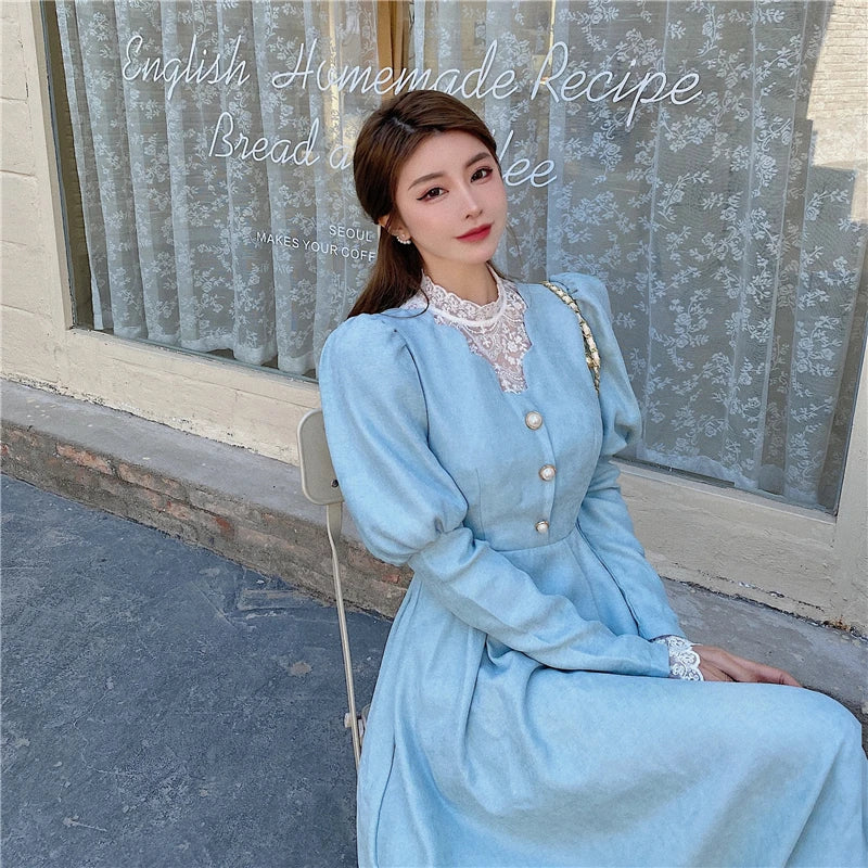 Elegant Woman Blue Dress Vintage French Style Puff Sleeve Half High Collar Patchwork Lace Retro Princess Dresses Vestido Festa