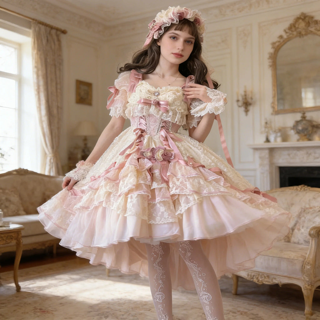 The Floral Prelude Ballet Ball Gown | Strappy Pink Cake Princess Dress | Lolita Birthday Ceremony Skirt | Parisian Princess