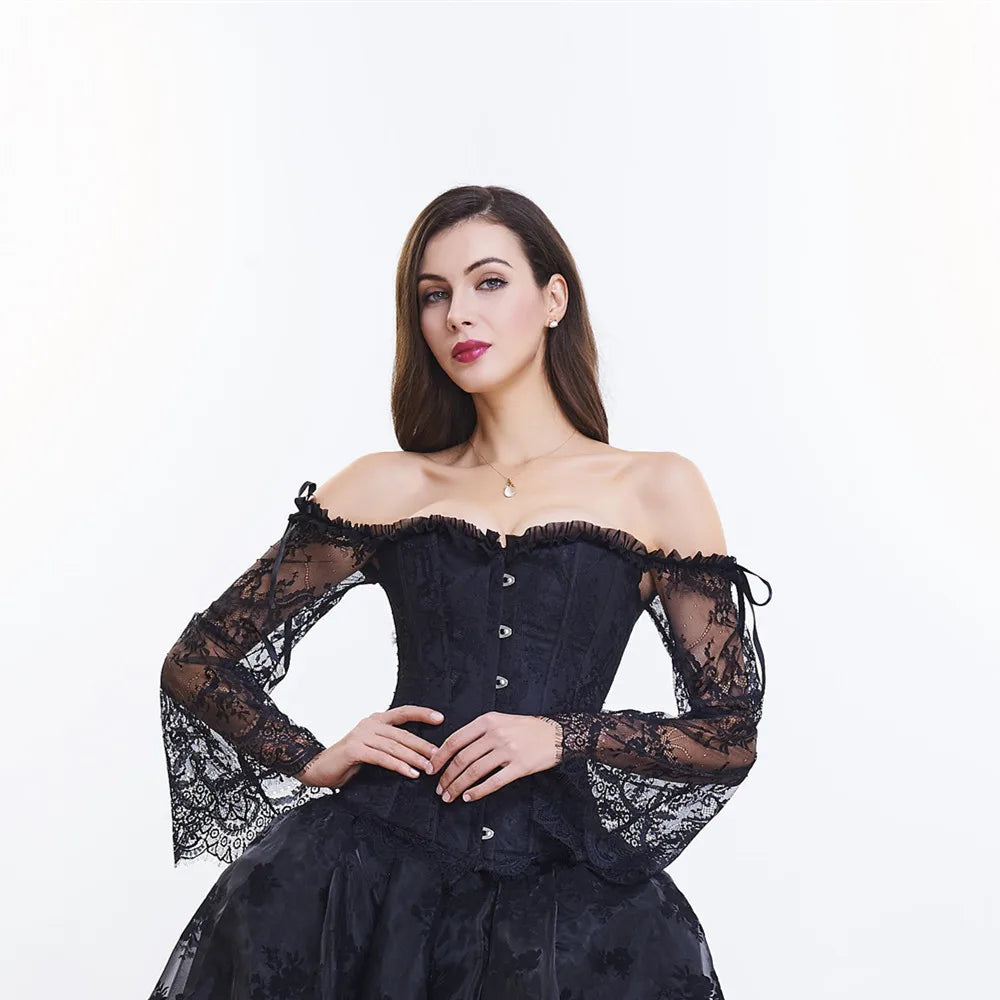 Body Shaper Gothic Victorian Corset Lace Sleeves Woman Sexy Floral Sleeves Corset Off-shoulder Corset