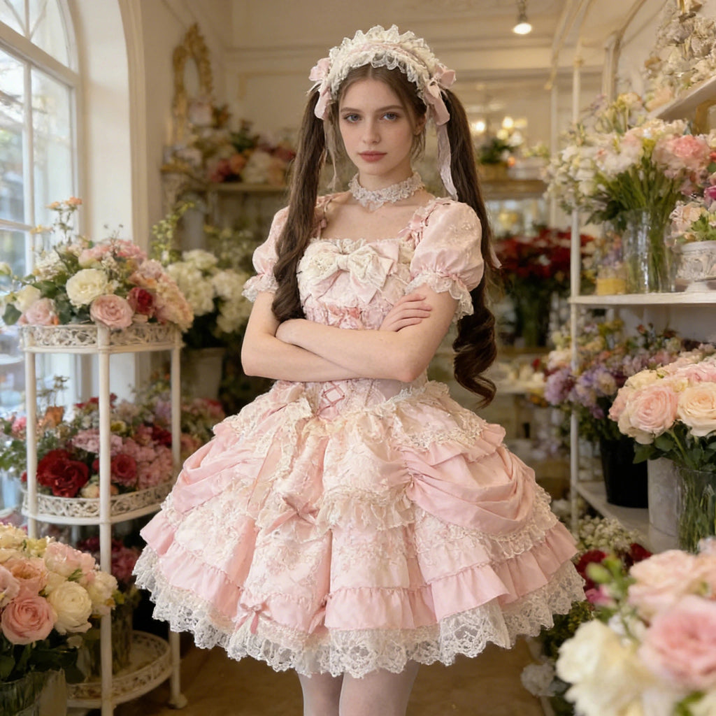 The Floral Prelude Ballet Gown | Strappy Pink Cake Princess Dress | Lolita Birthday Ceremony Skirt | Parisian Princess