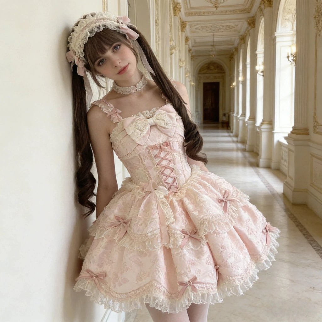 The Floral Prelude Ballet Gown | Strappy Pink Cake Princess Dress | Lolita Birthday Ceremony Skirt | Parisian Princess