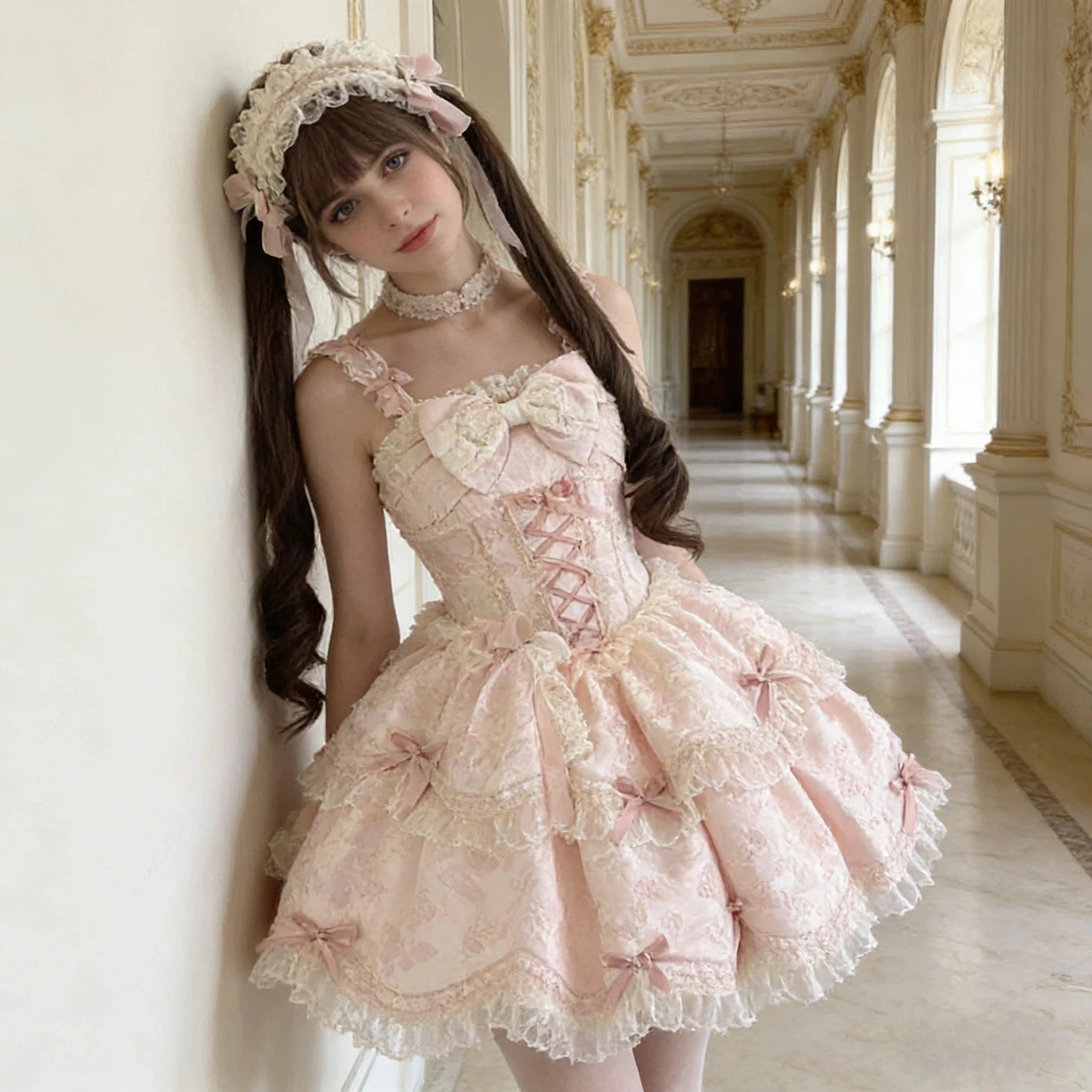 The Floral Prelude Ballet Gown | Strappy Pink Cake Princess Dress | Lolita Birthday Ceremony Skirt | Parisian Princess