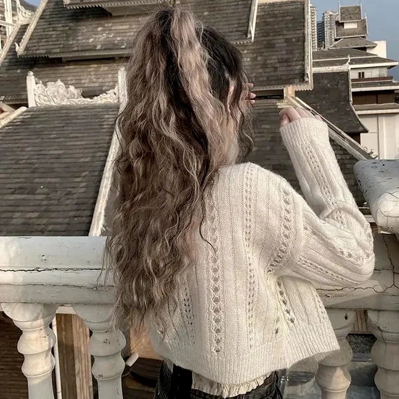The Louvre Hollow-Out Cardigan | French White Tatting Lace Sweater | Slim Fit O-Neck Leisure Knit | Parisian Princess