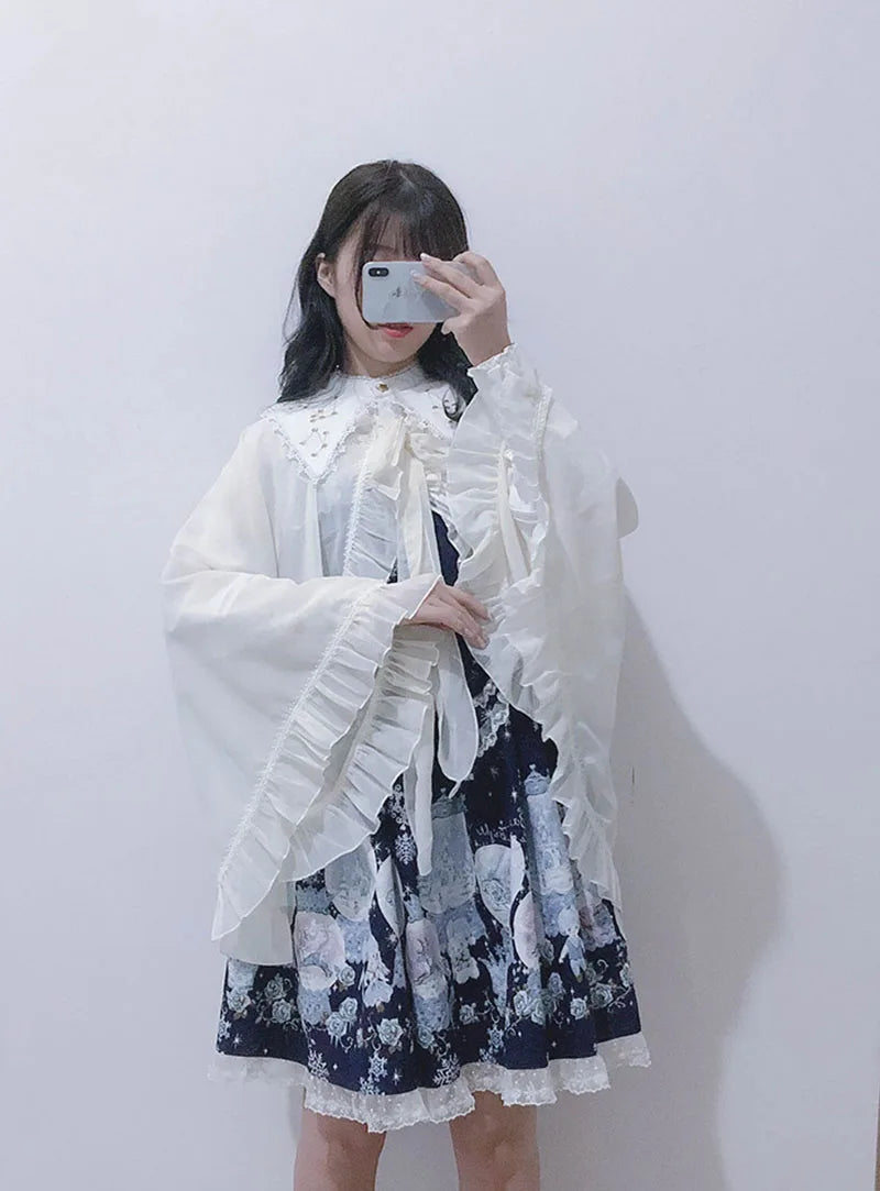 Lolita Chiffon Open Front Wraps Poncho Soft Coat Capes Girls Sweet Hood Covers Sweet Ruffle Shawl Cape Sun Protective For Women