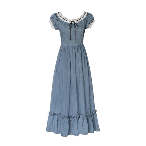 Women Pink Dress French Vintage Elegant Slim European Romance Blue Dress Retro Lace Slash Neck Casual Everyday Midi Dress