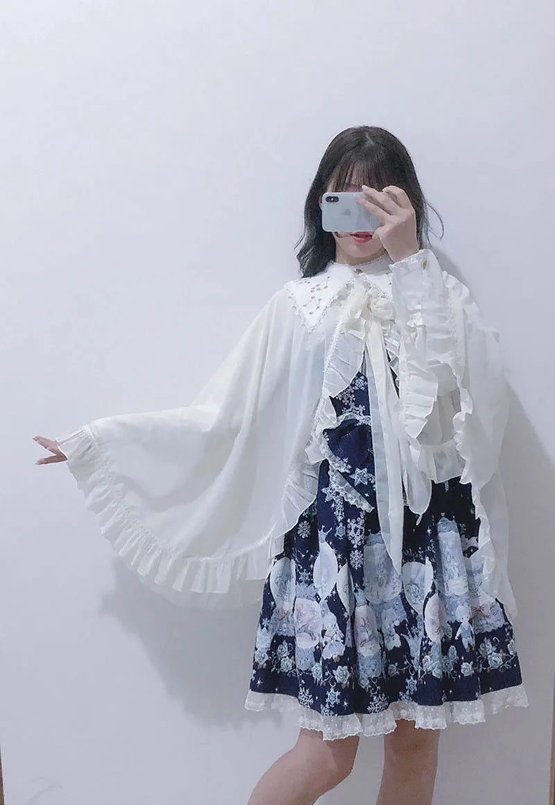 Lolita Chiffon Open Front Wraps Poncho Soft Coat Capes Girls Sweet Hood Covers Sweet Ruffle Shawl Cape Sun Protective For Women