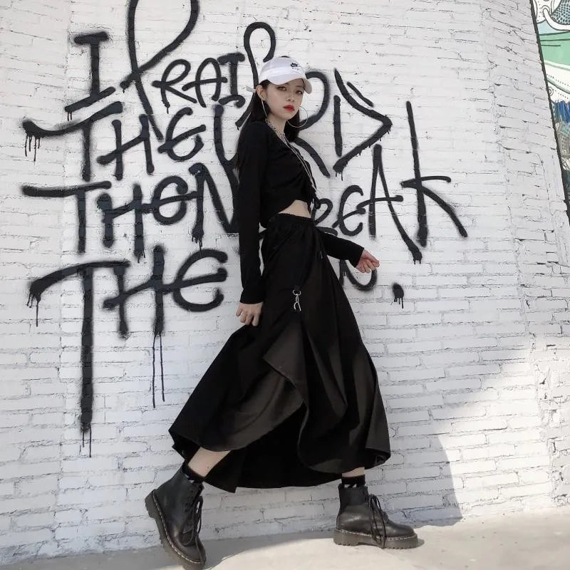 The Gothica Architectural Skirt | Plus Size Irregular Gothic Pleated Midi | French Buckle High Waist Skirt | Parisian Princess