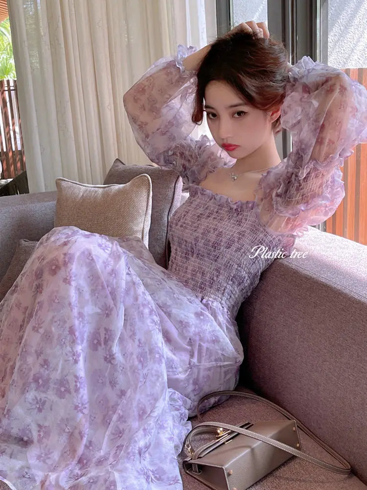 The Amelie Mesh Puff Sleeve Midi | Square Collar Patchwork Dress | Sweet Parisian A-Line | Parisian Princess