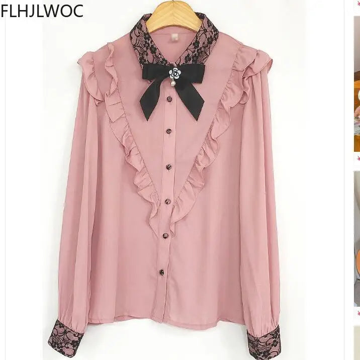 The Parisian Ribbon Bow Blouse | Vintage Preppy Chiffon Shirt | Ruffled Long Sleeve Button-Up | Parisian Princess