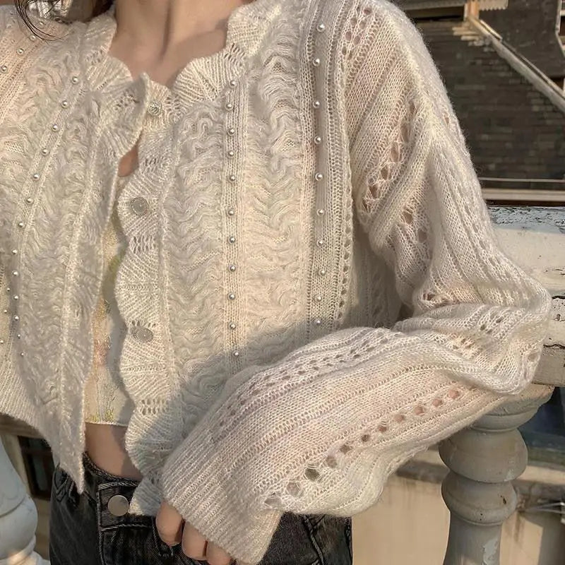 The Louvre Hollow-Out Cardigan | French White Tatting Lace Sweater | Slim Fit O-Neck Leisure Knit | Parisian Princess