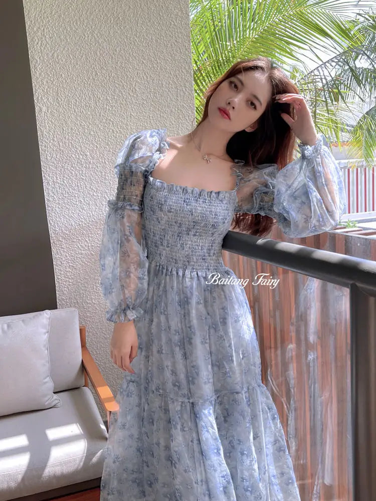 The Amelie Mesh Puff Sleeve Midi | Square Collar Patchwork Dress | Sweet Parisian A-Line | Parisian Princess