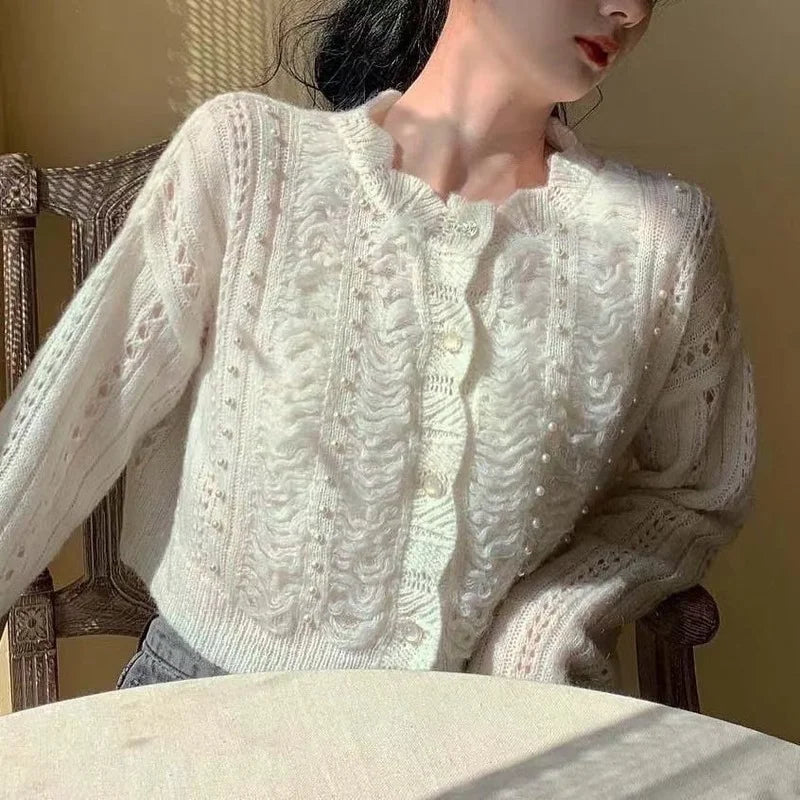 The Louvre Hollow-Out Cardigan | French White Tatting Lace Sweater | Slim Fit O-Neck Leisure Knit | Parisian Princess
