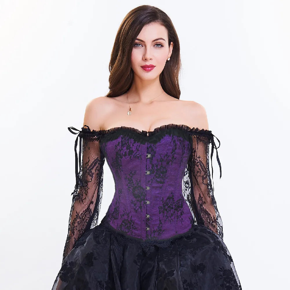 Body Shaper Gothic Victorian Corset Lace Sleeves Woman Sexy Floral Sleeves Corset Off-shoulder Corset