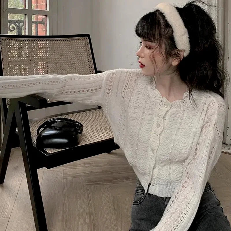 The Louvre Hollow-Out Cardigan | French White Tatting Lace Sweater | Slim Fit O-Neck Leisure Knit | Parisian Princess