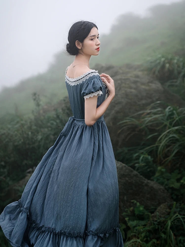 Women Pink Dress French Vintage Elegant Slim European Romance Blue Dress Retro Lace Slash Neck Casual Everyday Midi Dress