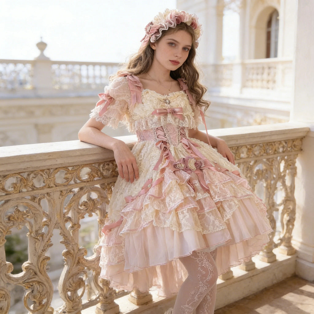 The Floral Prelude Ballet Ball Gown | Strappy Pink Cake Princess Dress | Lolita Birthday Ceremony Skirt | Parisian Princess